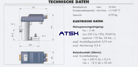 Technické parametre indikátora kondenzátu zo stlačeného vzduchu BEKOMAT 12 KW